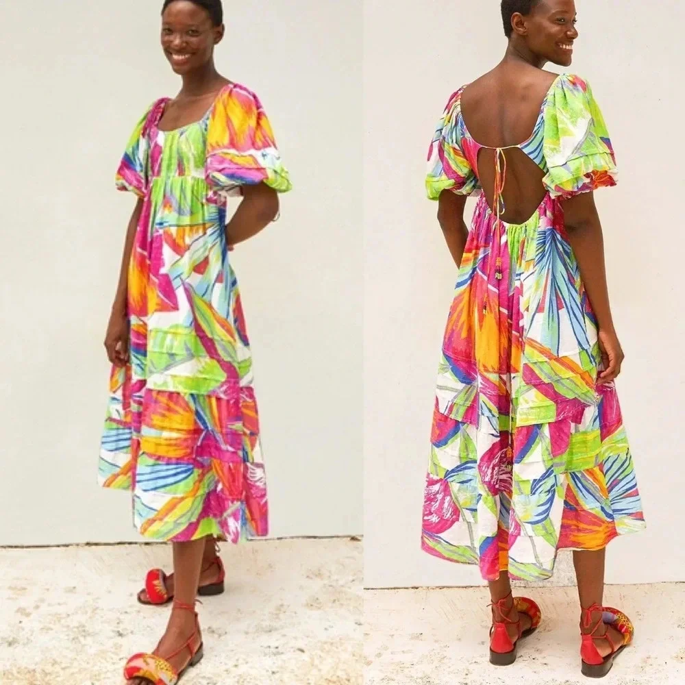 Farm Rio Rainbow Leafs Open Back Midi Dress - Picture 1 of 8